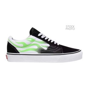 Vans Old Skool Sneakers, Black Suede with Green Flames Mens 6.5 or Womens 8